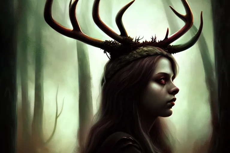 Prompt: a portrait of a girl with antlers in a forest at night, dark, gothic, fantasy, portrait, figurativism, muted colors, digital painting in the style of bastien lecouffe - deharme, trending on artstation, detailed