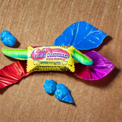 Image similar to discarded wrapper!! of a geckronome candy bar, product photography advertisement 4 k