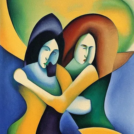 Prompt: two Irish Women in the moonlight dancing by the ocean , high quality art in the style of cubism and geogia o keefe