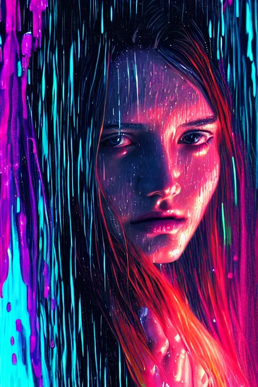 Image similar to portrait of a girl in the glowing neon rain with wet hair and face, fantasy, intricate, elegant, dramatic lighting, emotionally evoking symbolic metaphor, highly detailed, lifelike, photorealistic, digital painting, artstation, concept art, smooth, sharp focus, illustration, art by John Collier and Albert Aublet and Krenz Cushart and Artem Demura and Alphonse Mucha