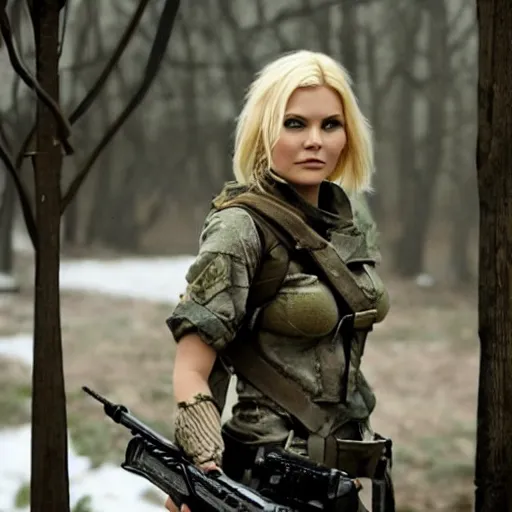 Prompt: elisha cuthbert as a soldier in a dystopian future battleground