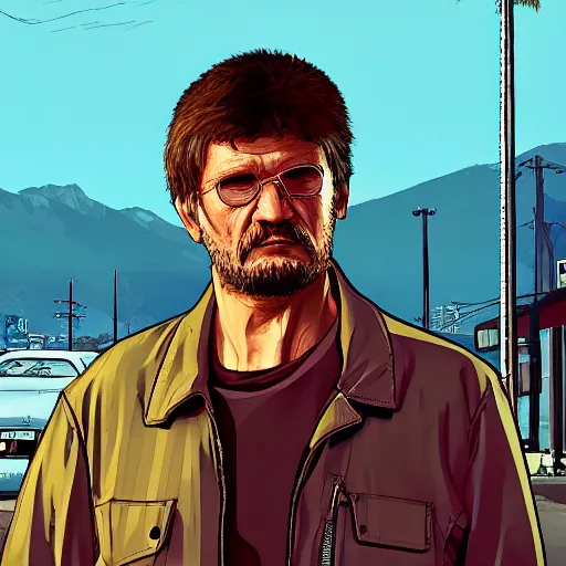 Image similar to Ted kaczynski in GTA V, Cover art by Stephen Bliss, boxart, loading screen