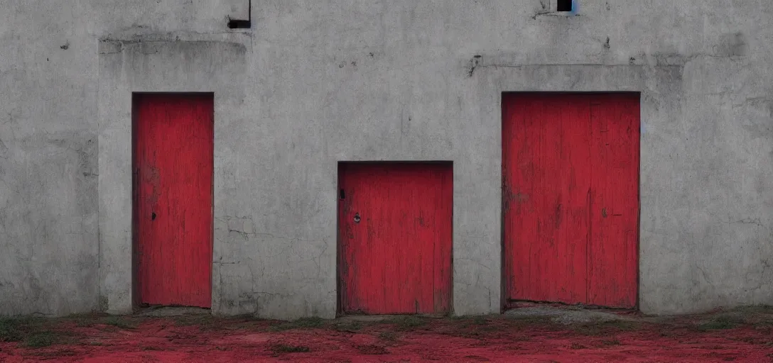 Image similar to huge detailed red door standing in wasteland in style of zdzisław beksinski