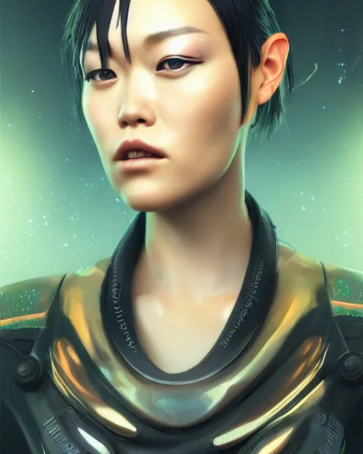 Image similar to detailed portrait Rinko Kikuchi, solarpunk futuristic utopia, scifi android, hair made of stars, by Darren Bartley Wojtek Fus Frederic Bennett, Perfect face, fine details, realistic shaded, fine-face, pretty face