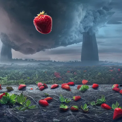 Image similar to huge strawberries fall to earth, apocalypse, 4 k, 8 k, trending on artstation