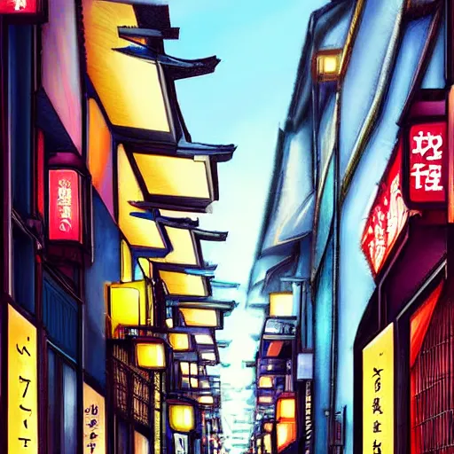 Image similar to japan narrow street with neon signs and a girl with umbrella wearing techwear, digital art, sharp focus, wlop, artgerm, beautiful, award winning, sythwave color style
