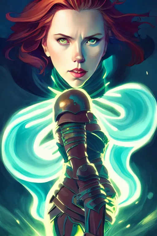 Image similar to style artgerm, joshua middleton, illustration, scarlett johansson as rune knight wearing green pelt light armor, anime eyes, blue hair, swirling water cosmos, fantasy, dnd, cinematic lighting