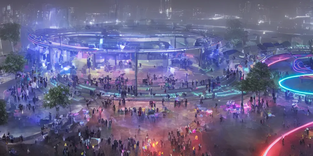 Image similar to policemen protecting a huge spiral - shaped bright luminous attractor right in the center of the city from protesting people,, rain and light fog, professional lighting, concept art in 3 d, high detail, professional lighting, 8 k, unreal engine