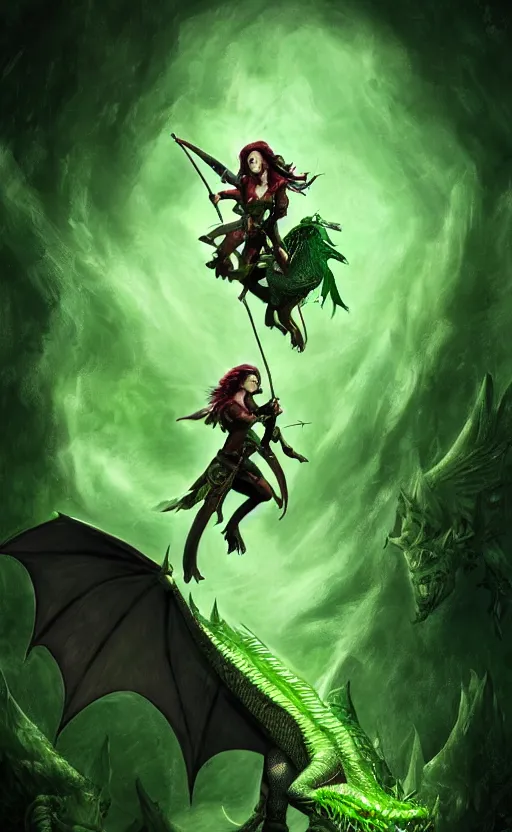 Prompt: epic fantasy dungeons and dragons scene, female halfling rogue, riding on top of a green dragon, green dragon, waterdeep, black hair, rogue, fantasy, red leather corset, cinematic, beautiful lighting, heroic, digital art