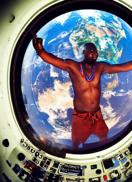 Prompt: analogue photo of an African tribal man DJ with his crowd on a spaceship, planet earth seen from space through porthole window, wide angle,