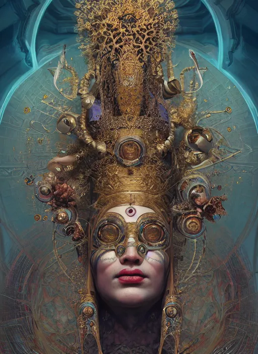 Image similar to slender high priest in a ornate heavy robe, eclesial headpiece, by james jean, karol bak, tomasz alen kopera, cgsociety and fenghua zhong, highly detailed, rim light, cinematic lighting, illustration, art, octane render, very coherent, cinematic, hyper realism, high detail, octane render, 8 k