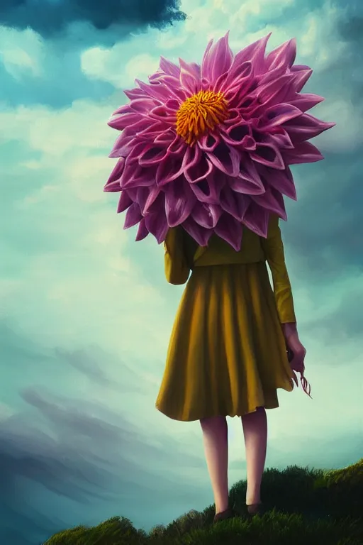 Image similar to closeup giant dahlia flower as head, girl standing on mountain, surreal photography, blue storm clouds, dramatic light, impressionist painting, digital painting, artstation, simon stalenhag