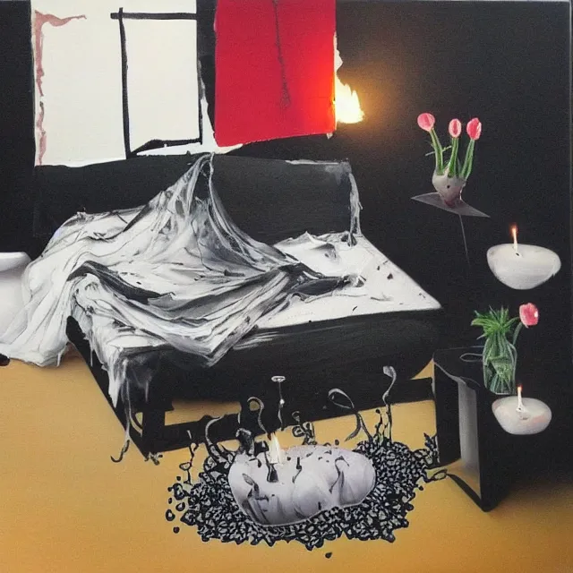 Prompt: bedroom with black walls and a futon, sensual portrait of a woman sleeping, cracked handmade pottery vase, torn paper smouldering smoke, candles, white flowers on the floor, puddle of water, octopus, squashed berries, surrealism, acrylic and spray paint and oilstick on canvas