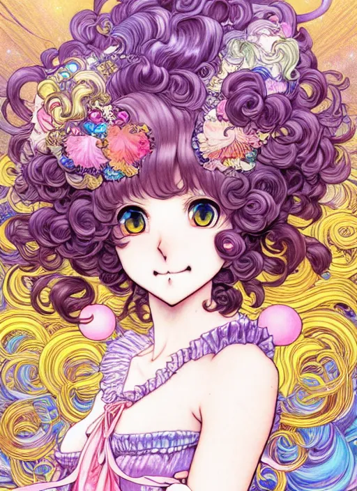 Prompt: manga of beautiful cat girl aside carousel, curls hair, rococo ruffles dress, pastel rainbow, pearlescent, shimmering, prismatic, reflective, rim light, detailed background, by katsuhiro otomo, takeshi obata, alphonse mucha, illustration, artstation, concept art, highly detailed, colorful, maximalist