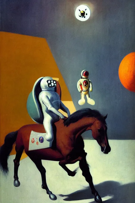 Image similar to man in horse costume, horse in costume astronaut, racing on astronauts, hauntingly surreal, highly detailed painting by francis bacon, edward hopper, adrian ghenie, gerhard richter, and james jean soft light 4 k,