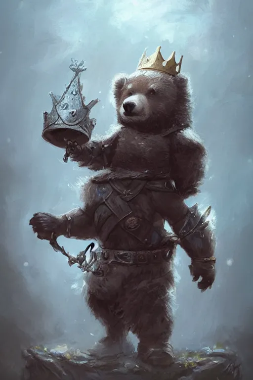 Image similar to cute little anthropomorphic bear knight wearing a cape and a crown, tiny, small, miniature bear, baby animal, short, pale blue armor, cute and adorable, pretty, beautiful, DnD character art portrait, matte fantasy painting, DeviantArt Artstation, by Jason Felix by Steve Argyle by Tyler Jacobson by Peter Mohrbacher, cinematic lighting