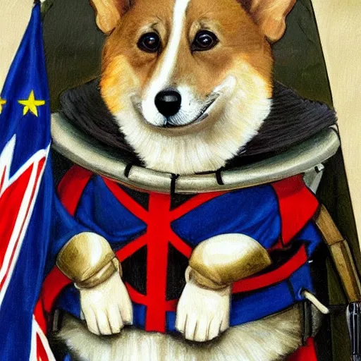 Prompt: A painting of a proper elderly corgi wearing battle armor, with his paws on his sword, posing for the painting. UK flags in the background, medieval style, artwork