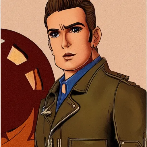 Prompt: character concept art of handsome butch princely heroic square - jawed emotionless serious blonde woman aviator, with very short butch slicked - back hair, wearing brown leather jacket, standing in front of small spacecraft, illustration, science fiction, highly detailed, ron cobb, mike mignogna
