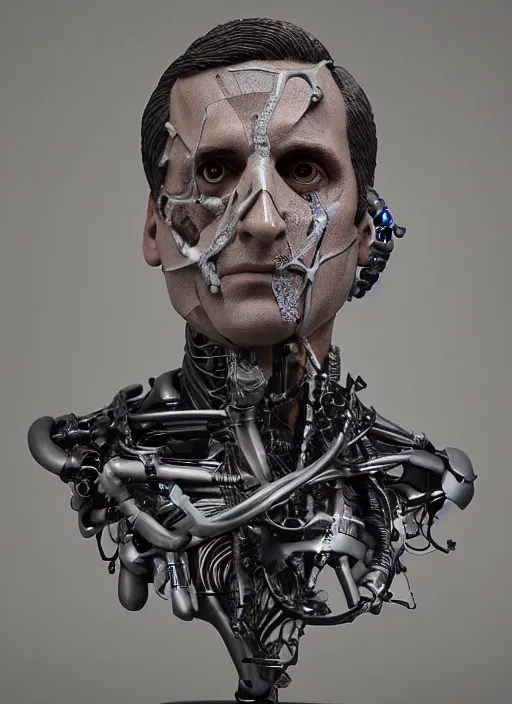 Image similar to a bust sculpture of anatomical detailed cyborg, steve carell, blue blood, become human, ceramic base, orthographic, studio lighting