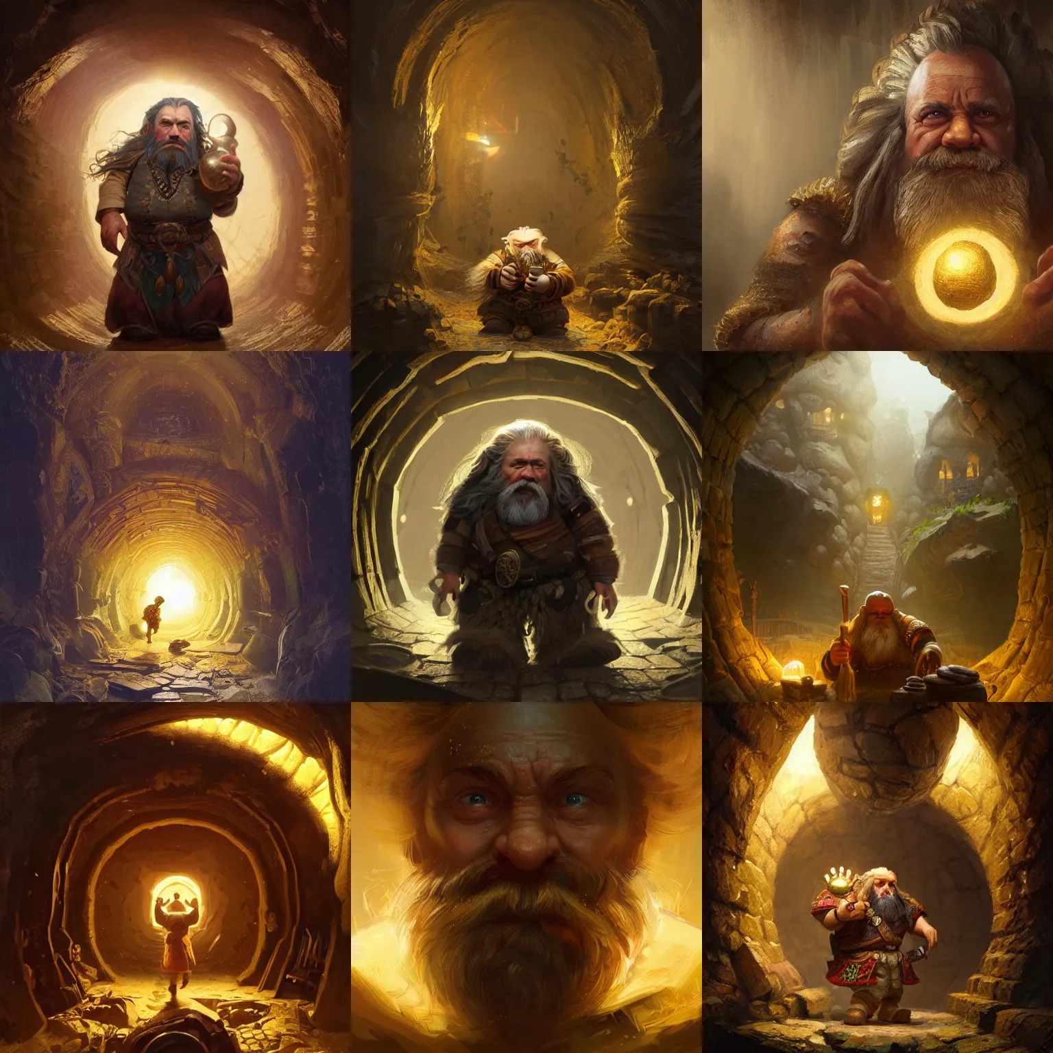 Prompt: A highly detailed portrait of a dwarf showing everyone his giant lump of native gold, very coherent symmetrical artwork, sharp focus, concept art by Greg Rutkowski, moody lighting, light coming from tunnel entrance, intricate details, ray tracing, high detail 8k, cinematic, hyper realism, digital painting