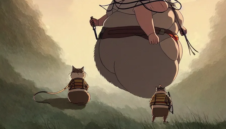 Image similar to the last fat catrider, comedy, graphic art, rgba, 8 k hd resolution, pinterest, dynamic character, 8 k character details, concept art, 8 k ultra realistic, intricate details, ultra detailed, reduce character duplication, in style of hayao miyazaki, by studio ghibli