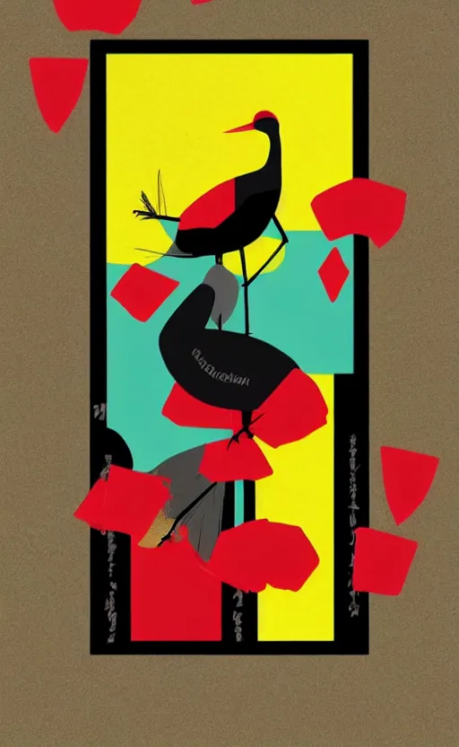 Image similar to poker card style, simple, modern look, colorful, japanese crane bird symbol in center, pines symbols, turchese and yellow and red and black, vivid contrasts, for junior, smart design, backed on kickstarter