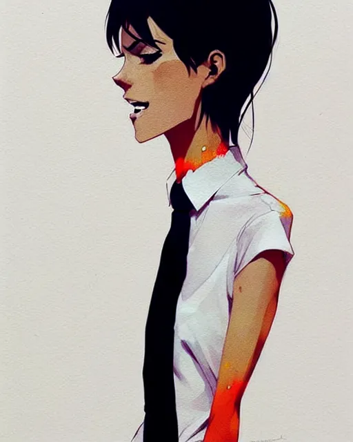 Image similar to a ultradetailed full body portrait of a woman dressed in a white shirt with a tie, by conrad roset, greg rutkowski and makoto shinkai trending on artstation