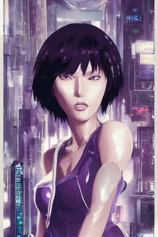 Image similar to a still fullbody portrait of motoko kusanagi ghost in the shell, finely detailed features, closeup at the faces, perfect art, at a cyberpunk city, gapmoe yandere grimdark, trending on pixiv fanbox, by ilya kuvshinov, rossdraws, artgerm