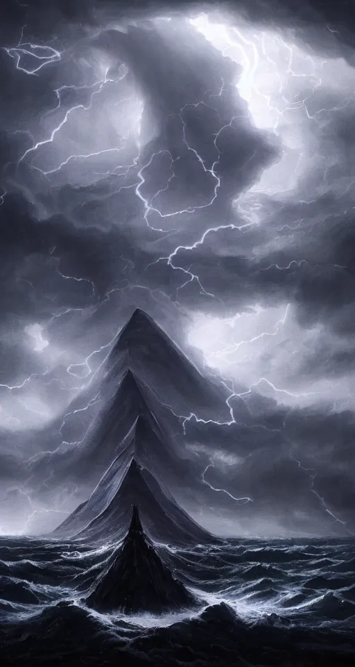 Image similar to black lovecraftian eldritch!! obsidian pyramid!! on a snowy island surrounded by raging stormy seas, with a large shadow of a creature in the background by eugene von guerard, ivan shishkin, night, red lightning!!, storm!, dramatic lighting, concept art, trending on artstation, 8 k