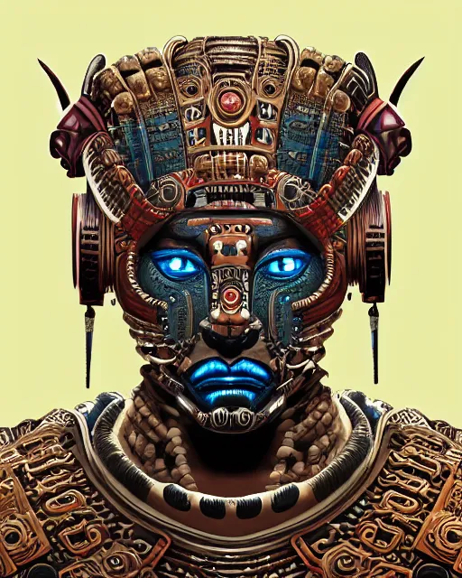 Image similar to portrait of a mayan masculine male cyberpunk jaguar warrior, machine face, upper half portrait, decorated with italian opera motifs, muscular, latin, geek mythology, wuxia, traditional mayan art, intricate intense elegant, highly detailed symmetry headpiece digital painting artstation concept art smooth sharp focus illustration, art by moebius and frank miller diego rivera 8 k