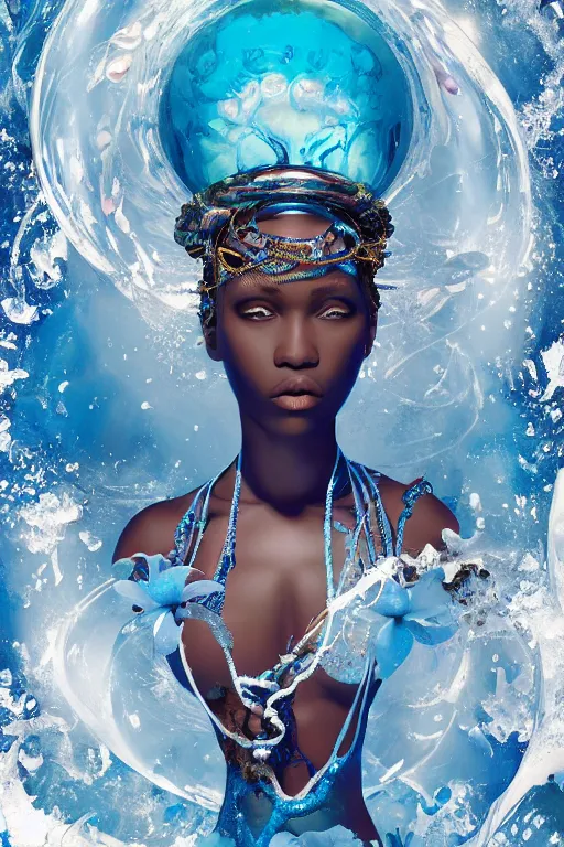 Image similar to epic 3 d yemaya, caring african goddess, liquid fish and flowers spinning, 2 0 mm, with cerulean and white foam melting smoothly into asymmetrical bubbles and seashells, liquid, delicate, intricate, houdini sidefx, trending on artstation, by jeremy mann and ilya kuvshinov, jamie hewlett and ayami kojima