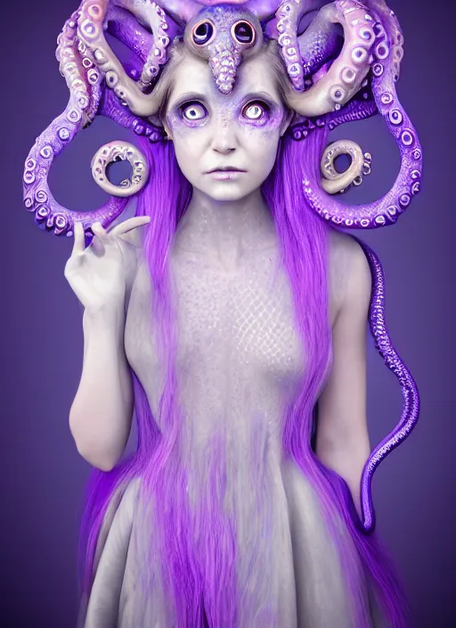 Image similar to A full shot of a cute magical monster girl wearing a dress made of opals and tentacles. Creepy Pasta. F1.4. Symmetrical. Dark Smoke and VFX. Not Human. Subsurface Scattering. Caustics. Prismatic light. defined facial features, symmetrical facial features. Opalescent surface. Soft Lighting. beautiful lighting. By Giger and Ruan Jia and Artgerm and WLOP and William-Adolphe Bouguereau and Loish and Lisa Frank. trending on artstation, featured on pixiv, award winning, sharp, details, intricate details, realistic, Hyper-detailed, HD, HDR, 4K, 8K.