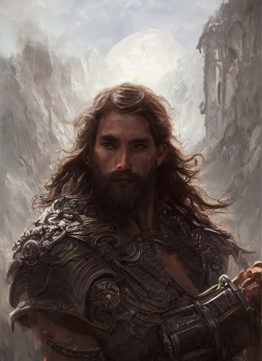 Image similar to realistic portrait painting of a male fantasy paladin brute, old mystic ruins, afternoon, intricate, elegant, highly detailed, digital painting, sharp, focus, by artgerm and greg rutkowski