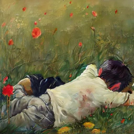 Image similar to a boy laying in a field with flowers growing from his chest. By Ruan Jia. Makoto shinkai. Norman Rockwell.