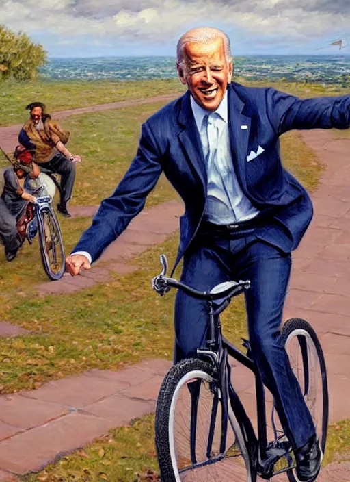 Image similar to joe biden falling from his bicycle, pulp art oil painting by mort kunstler and wilson mclean, intricate, hyper detailed, 4 k, hd, award winning, photorealistic