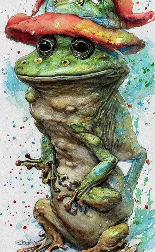 Image similar to detailed frog with a wizard hat by Jean-Baptiste Monge and frank frazetta , post processing, painterly, book illustration watercolor granular splatter dripping paper texture, ink outlines, painterly, trending on artstation, trending on pinterest childrens art