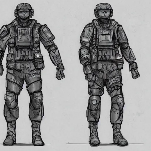 Prompt: sketches concept art standard tactial soldier lightweight nano chest armor plating millitary modern future era variants digital outline