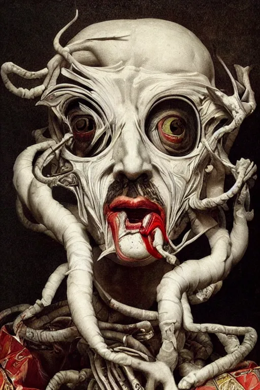 Image similar to Detailed maximalist portrait a Greek god with large lips and with large white eyes, angry face, fleshy skeletal body, HD mixed media 3d collage, highly detailed and intricate, surreal illustration in the style of Caravaggio, dark art, baroque