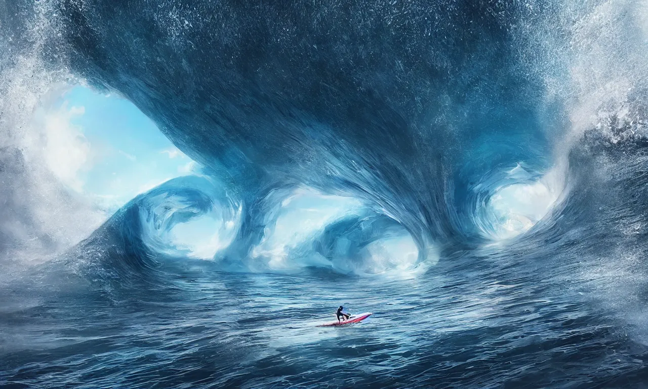 Prompt: giant mecha surfing a big wave inside the tunnel, by Jessica Rossier, slow motion, refractions, summer