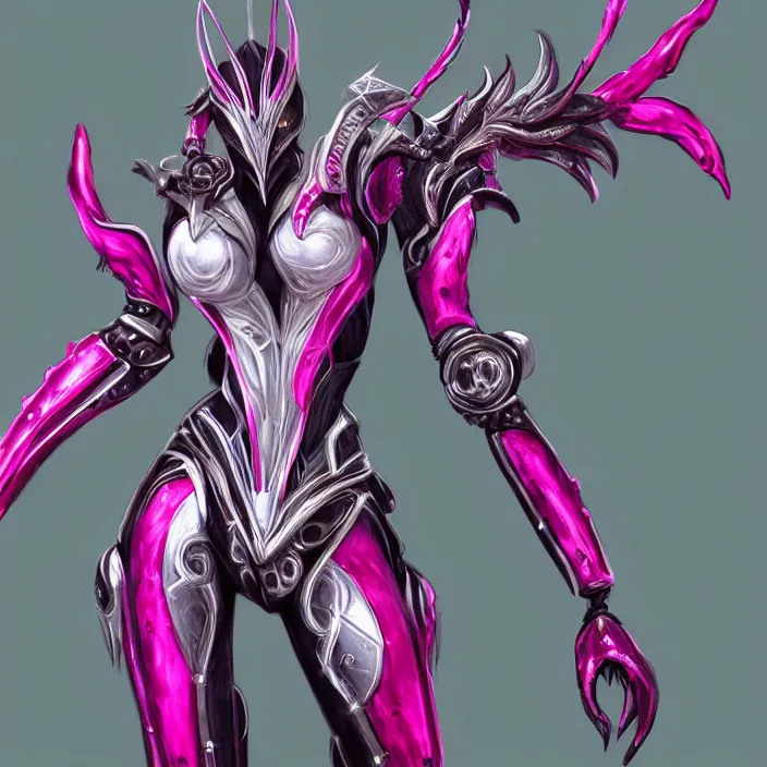 Image similar to highly detailed exquisite fanart, of a beautiful female warframe, but as an anthropomorphic robot dragon, shiny white silver armor engraved, Fuchsia skin beneath the armor, sharp claws, long tail, robot dragon hands and feet, elegant pose, close-up shot, full body shot, epic cinematic shot, professional digital art, high end digital art, singular, realistic, DeviantArt, artstation, Furaffinity, 8k HD render