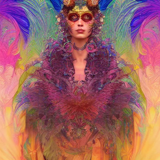 Image similar to A reality bending psychedelic ayahuasca experience, colorful, distorted, surreal, tropical bird feathers, dramatic lighting on the face, intricate, elegant, highly detailed, digital painting, concept art, smooth, sharp focus, illustration, art by Krenz Cushart and Wayne Barlowe and alphonse mucha