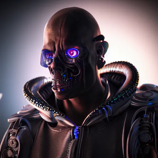 Image similar to evil cyberpunk dark lord, highly detailed, photorealistic portrait, bright studio setting, studio lighting, crisp quality and light reflections, unreal engine 5 quality render