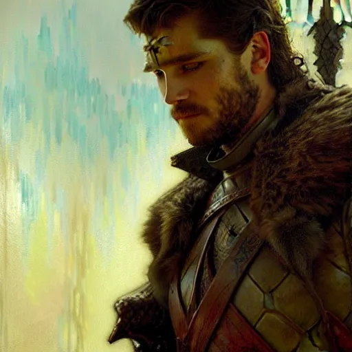 Prompt: attractive man, game of thrones, painting by gaston bussiere, craig mullins, greg rutkowski, alphonse mucha