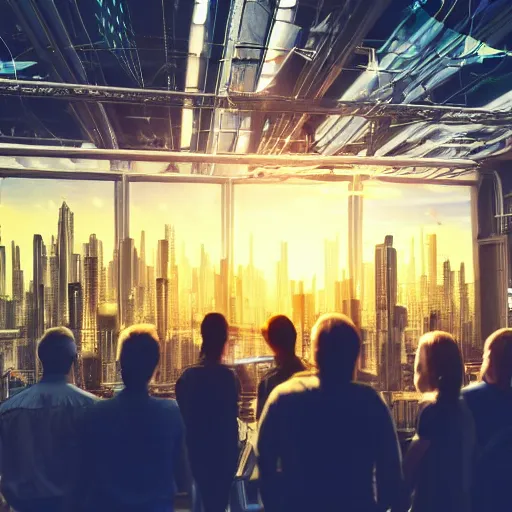 Prompt: large group people in open warehouse, looking at hologram of futuristic city on a table, cinematic concept art, godrays, golden hour, natural sunlight, 4 k, clear details, tabletop model buildings, tabletop model, hologram center, crane shot, crane shot, crane shot