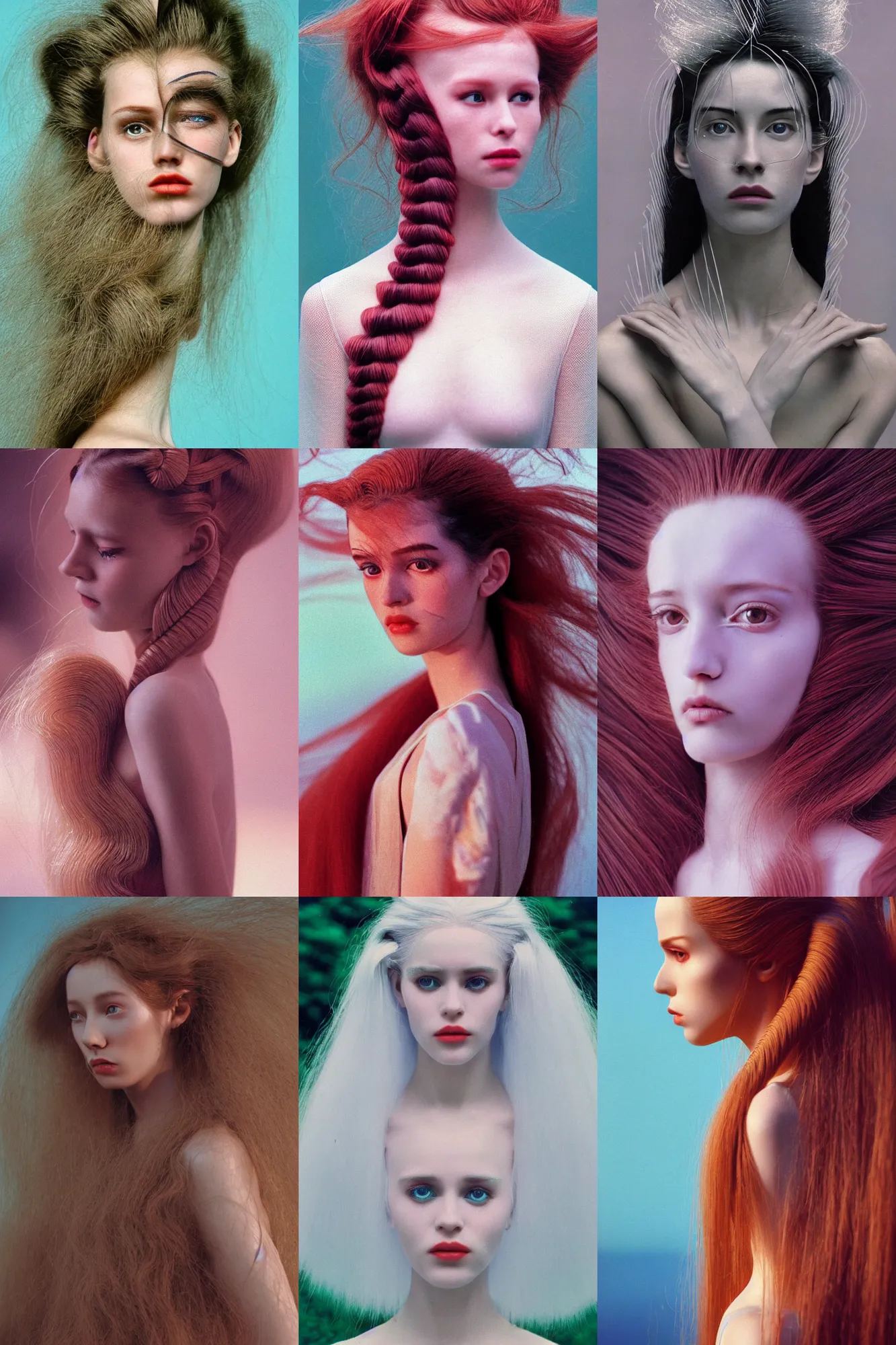 Prompt: Cinestill 800t, 8K, 35mm; beautiful ultra realistic minimalistic kinetic sculpure (1990) film still scene, 1990s frontiers in human anthropomorphic double helix hair fashion magazine September Agnieszka Lorek retrofuturism Holy Herndon in wes anderson edition, highly detailed, extreme closeup three-quarter portrait, tilt shift glass background, three point perspective, focus on assymetric face model;white hair;suit;pursed lips;eye contact;pointé pose, soft lighting