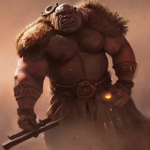 Prompt: an Ogre Warrior with a great warhammer in the style of Greg Rutkowski, realistic painting, Digital art, very detailed, High definition, trending on Artstation