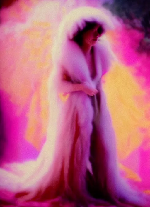 Prompt: a woman enshrouded in a soft colorful fuzzy feeling of dreams and memories by mary herbert, cinematic