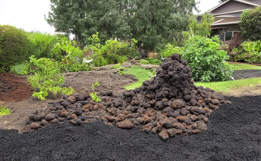 Prompt: miniature volcanic cone erupting with streams of lava in a suburban yard, ground level