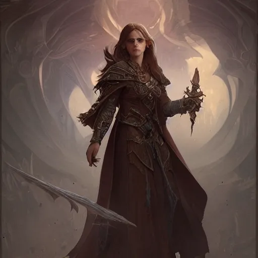 Image similar to Emma Watson as a Wizard character in Diablo 3, gorgeous, beautiful, intricate, highly detailed, digital painting, artstation, oppressive lighting, concept art, sharp focus, illustration, art by greg rutkowski and alphonse mucha