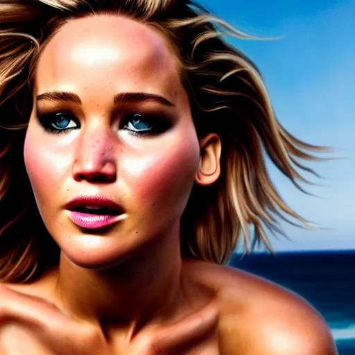 Image similar to beautiful hyperrealism hyperdetailed candid portrait of jennifer lawrence in happy disbelief because of a marriage proposal from jennifer lawrence, flushed face, red blush, puffy lips, soft features, 8 k, sharp focus, golden hour, beach setting